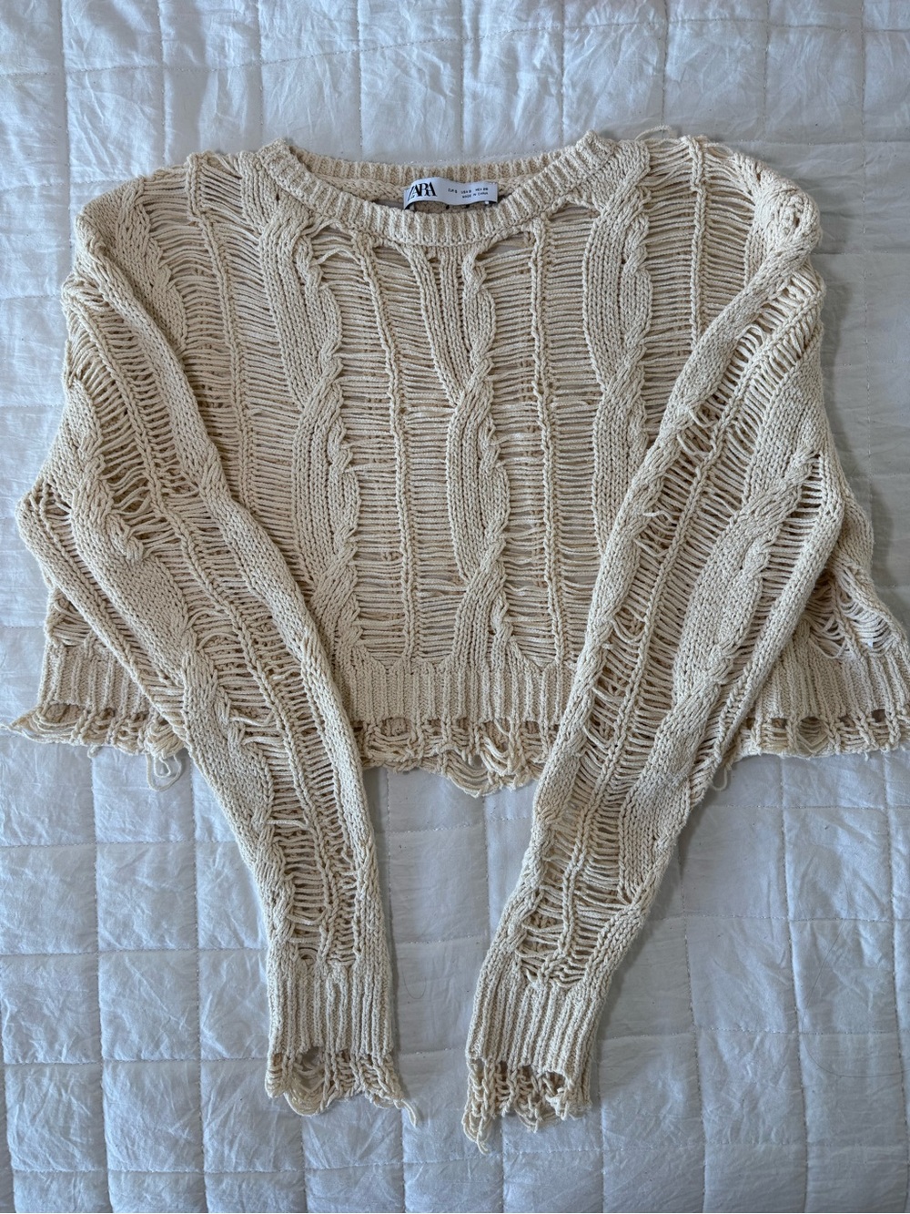 Zara Cable Knit Distressed Openwork Crop Sweater - Cream / Size S - Picture 4 of 5